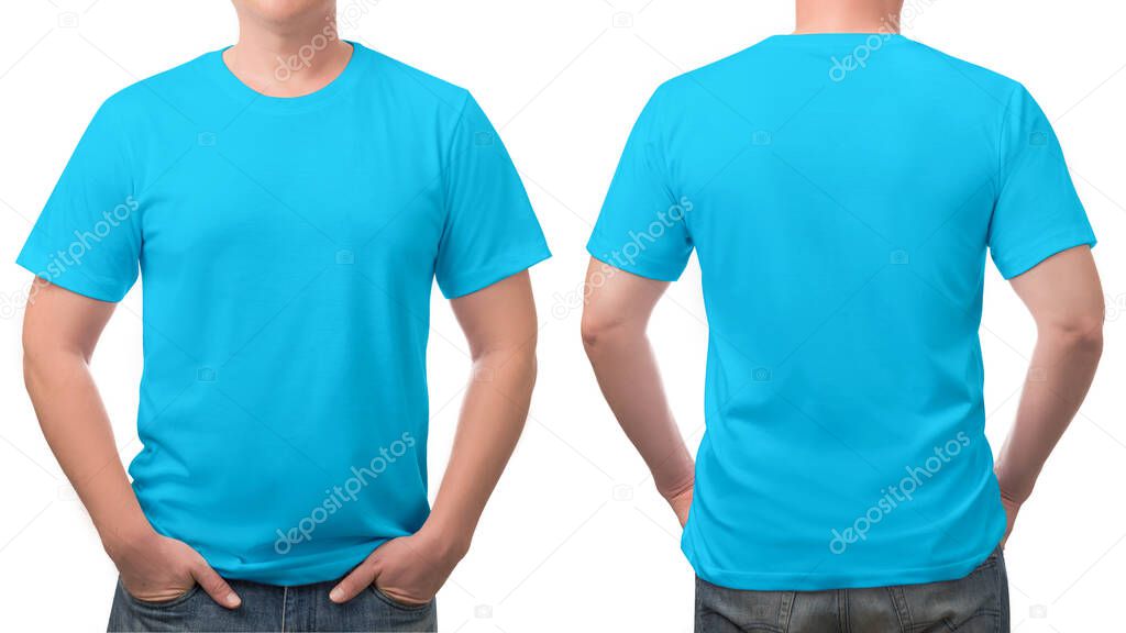 close up blue t-shirt cotton man pattern isolated on white background.