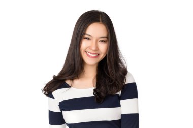 Genç, sağlıklı, mutlu, gülümseyen yüzlü Asyalı kadın beyaz arka planda izole edilmiş..