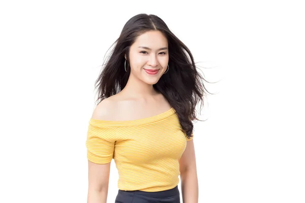 Young Happy Asian Woman Smiley Wearing Nice Yellow Dress Isolated — Stock Photo, Image