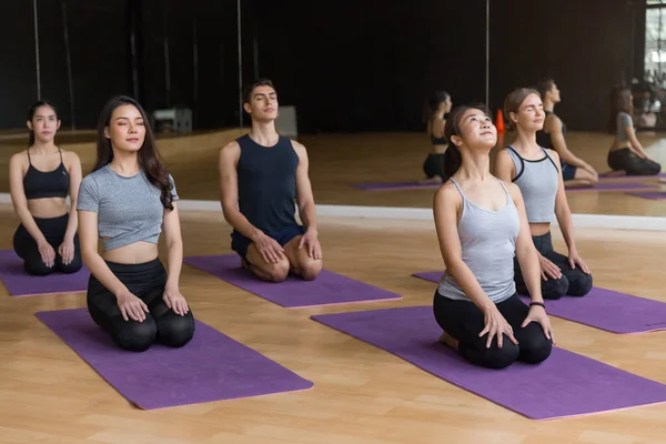 Nahaufnahme Einer Gruppe Erwachsener Menschen Die Der Klasse Yoga Praktizieren — Stockfoto