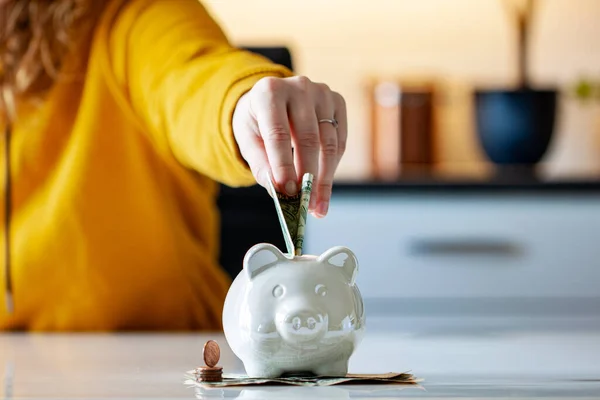 Personal finances, woman putting money into a piggy bank- -wealth and financial concept. White piggy bank in the foreground.