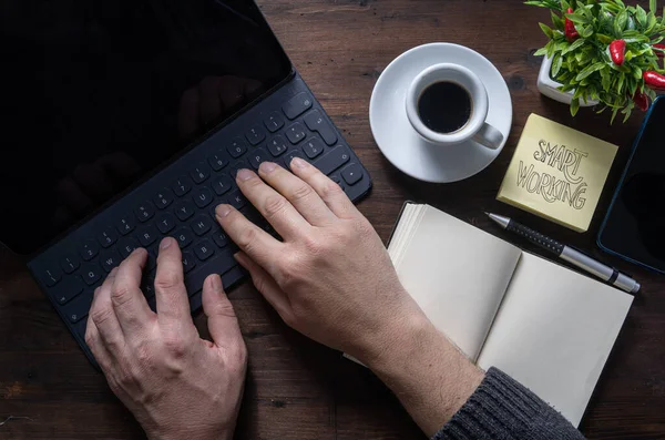 Slim Werkend Plat Lay Concept Bekijk Van Bovenaf Van Handen — Stockfoto