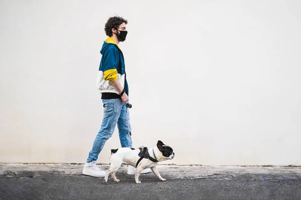 Profile Full Length Young Man Walking His French Bulldog Canis Royalty Free Stock Images