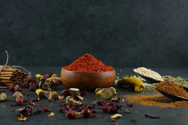Red chili pepper flakes shot from above stock photo