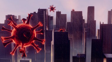 Corona virüsü ya da COVID-19 için 3D çizimler dünyaya ya da şehre saldırıyor. Poster ve afiş için virüs illüstrasyon kavramı. 
