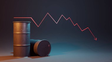 Üç boyutlu ilüstrasyon. Petrol varili fiyatı düştü.