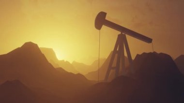 3D Rending Fossil Yakıt Enerjisi, Petrol Pompası, Pompa, Eski Pompalama Birimi, Jack Pompa, Günbatımı