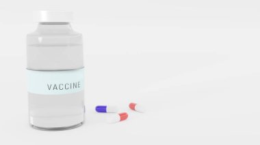 COVID 19 Coronavirus İlaç konsepti bir tablette. Yeni korona virüsü için antiviral ilaç kavramı. Corona tedavisi için ilaç firması. Covid Tedavi, salgın, dünya broşürü konseptini kapat
