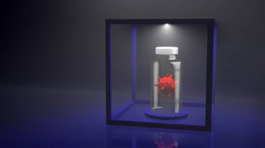 COVID 19 Coronavirus İlaç konsepti bir tablette. Yeni korona virüsü için antiviral ilaç kavramı. Corona tedavisi için ilaç firması. Covid tedavisi, salgın, dünya salgını, kavanozdaki koronavirüs konseptini kapat.