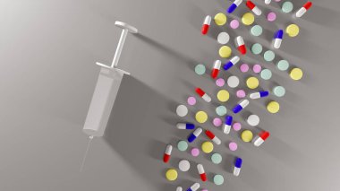 COVID 19 Coronavirus İlaç konsepti bir tablette. Yeni korona virüsü için antiviral ilaç kavramı. Corona tedavisi için ilaç firması. Covid Tedavi, salgın, dünya broşürü konseptini kapat