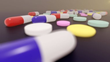 COVID 19 Coronavirus İlaç konsepti bir tablette. Yeni korona virüsü için antiviral ilaç kavramı. Corona tedavisi için ilaç firması. Covid Tedavi, salgın, dünya broşürü konseptini kapat