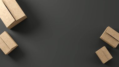 Karton kutular, teslimat seti. 3 boyutlu görüntüleme. Siyah arkaplan