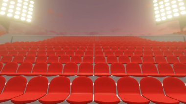 Alacakaranlıkta kalabalık ve yeşil, pürüzsüz çim tarlasıyla büyük bir futbol stadyumu oluşturuluyor. Boş koltuk. Yeniden başlama sezonu. Tecrit sporu. Yakında, iptal, yeniden başlama sezonu, kırmızı boş koltuk