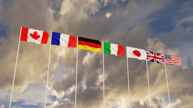 G7 bayrakları dalgalanan Yedi Kanada Grubu Almanya İtalya Fransa Birleşik Krallık bayrakları güneşli mavi bir arkaplan üzerinde bayrak direği ile beyaz bulutlar 3D