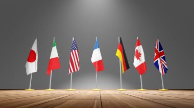 G7 zirvesi ya da toplantı konsepti. Yedi kişilik G7 grubunun bayraklarından ve ülkelerin listesinden, 3d illüstrasyon