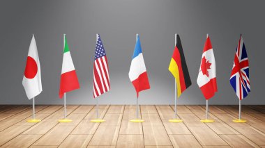 G7 zirvesi ya da toplantı konsepti. Yedi kişilik G7 grubunun bayraklarından ve ülkelerin listesinden, 3d illüstrasyon