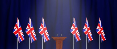 Birleşik Krallık 'ın başbakanı konsepti, Birleşik Krallık Siyaseti' nin basın toplantısı. Birleşik Krallık bayrakları ve ceket kollarıyla podyum sözcüsü tribünü. 3d oluşturma