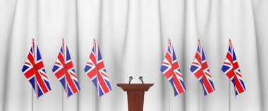 Birleşik Krallık 'ın başbakanı konsepti, Birleşik Krallık Siyaseti' nin basın toplantısı. Birleşik Krallık bayrakları ve ceket kollarıyla podyum sözcüsü tribünü. 3d oluşturma