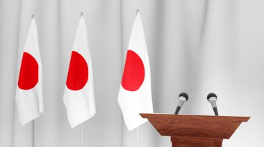 Japonya 'nın başbakanı konseptinin basın toplantısı, Japonya Politikası. Kanada bayrakları ve ceket kollarıyla podyum sözcüsü tribünü. 3d oluşturma
