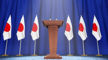 Japonya 'nın başbakanı konseptinin basın toplantısı, Japonya Politikası. Bayrakları ve ceket kolları olan kürsü sözcüsü tribünü. 3d oluşturma