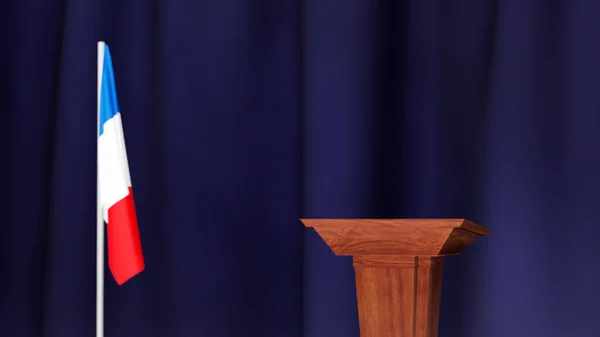 法国总理概念 法国政治的新闻发布会 Podium扬声器与加拿大国旗和外罩臂弯 3D渲染 — 图库照片