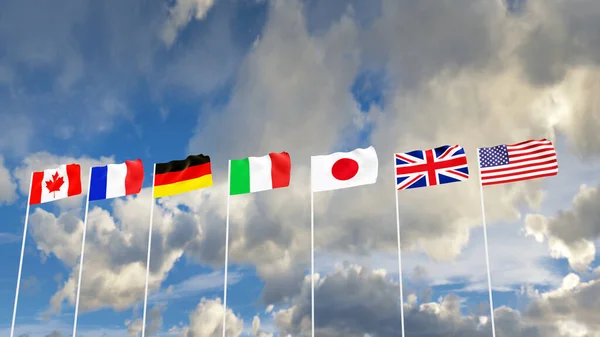 Флаги Шелковые Флаги Стран Группы Семи Германия Италия Франция Япония — стоковое фото