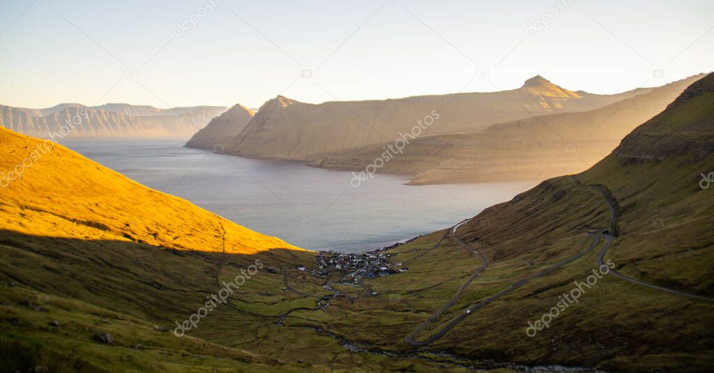Scenic panorama golden hour view of breathtaking landscape in Stroymoy Island, Faroe Islands