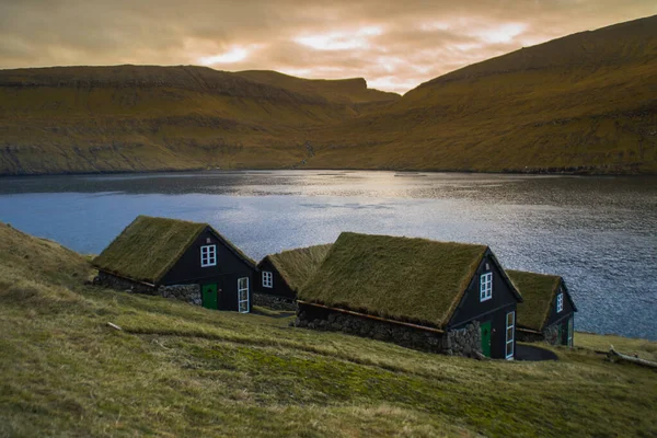 Landschappelijk Uitzicht Traditionele Historische Stenen Houten Huis Gebouw Met Gras — Stockfoto