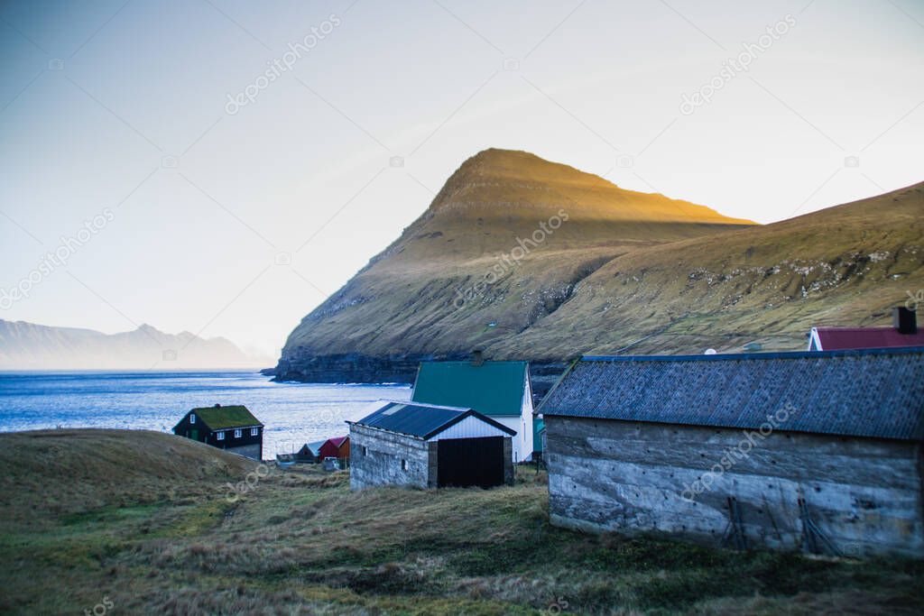 Traditional houses in Gjogv village, landscape scenery Faroe Islands