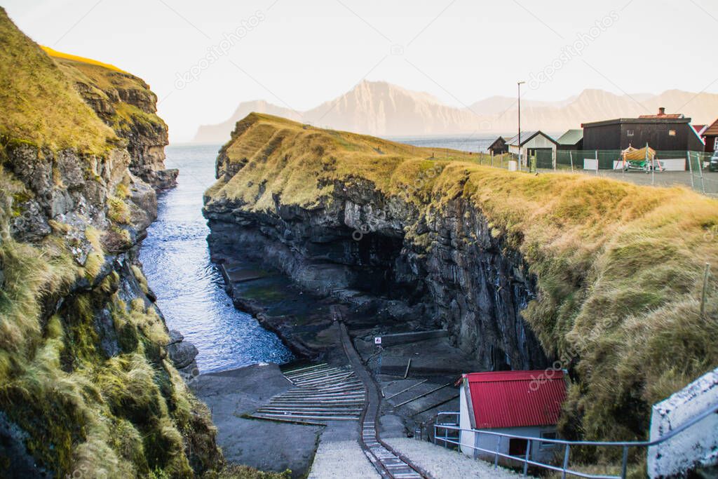 Traditional houses in Gjogv village, landscape scenery Faroe Islands