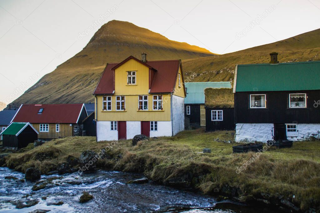 Traditional houses in Gojgv village, landscape scenery Faroe Islands