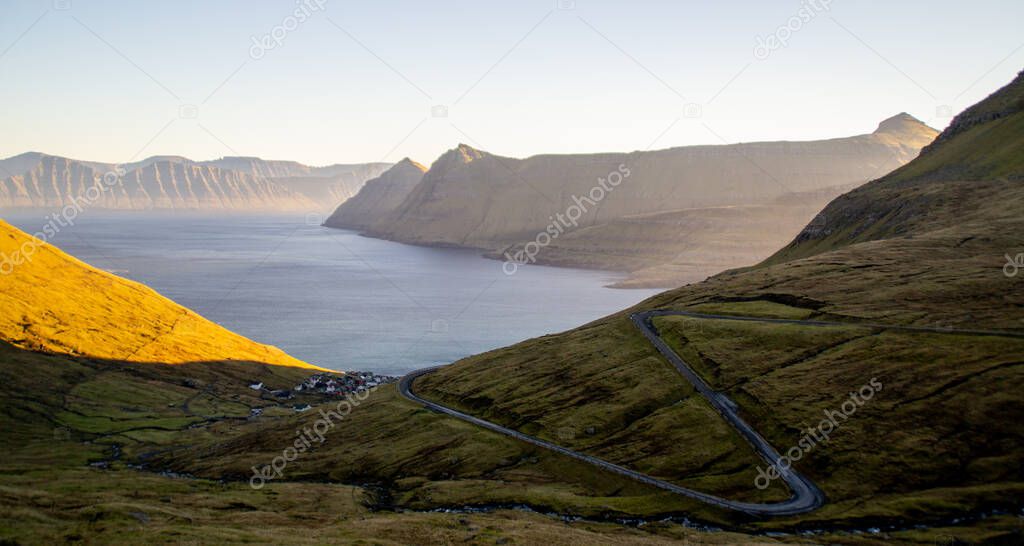 Landscape scene of Faroe Islands while sunset