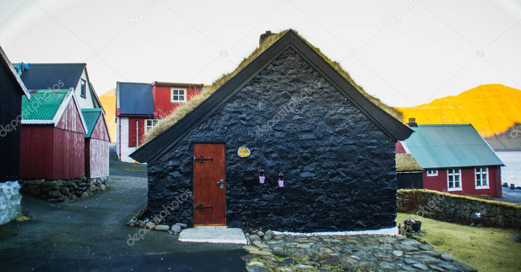 Traditional houses in Gojgv village, landscape scenery Faroe Islands