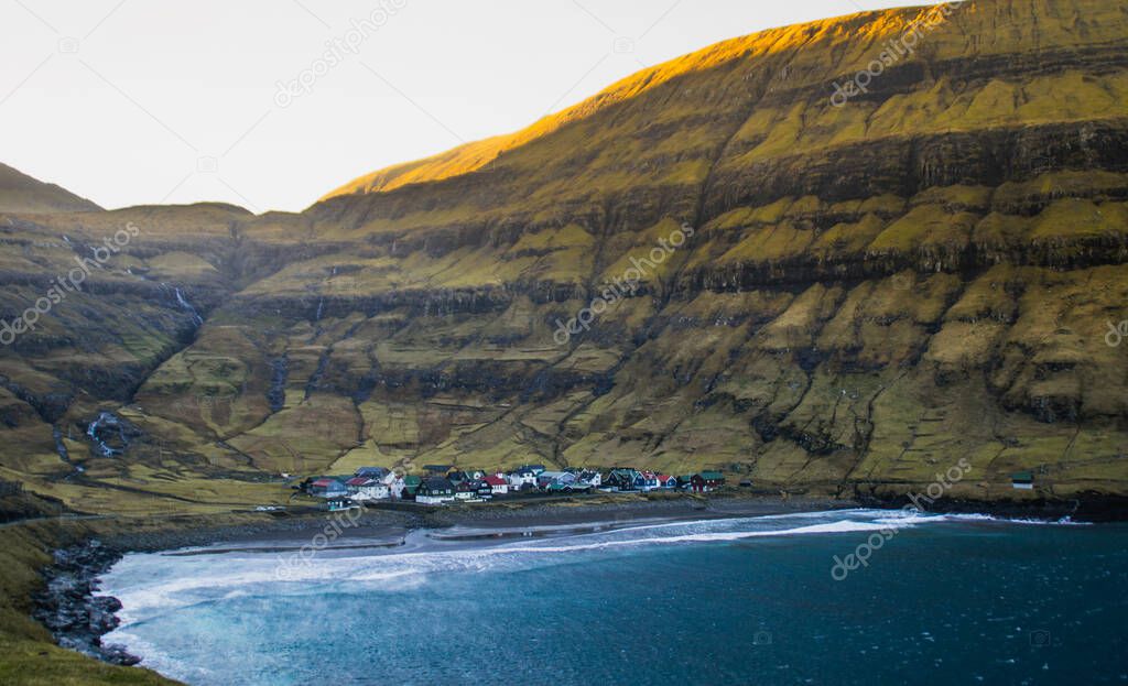 Landscape scene of Faroe Islands while sunset