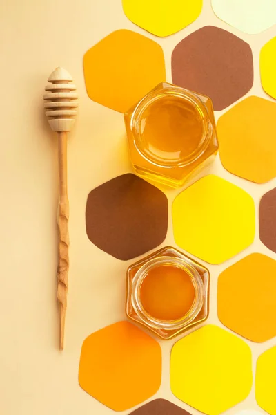 Collage Twee Potten Honing Een Houten Lepel Voor Honing Een Stockafbeelding