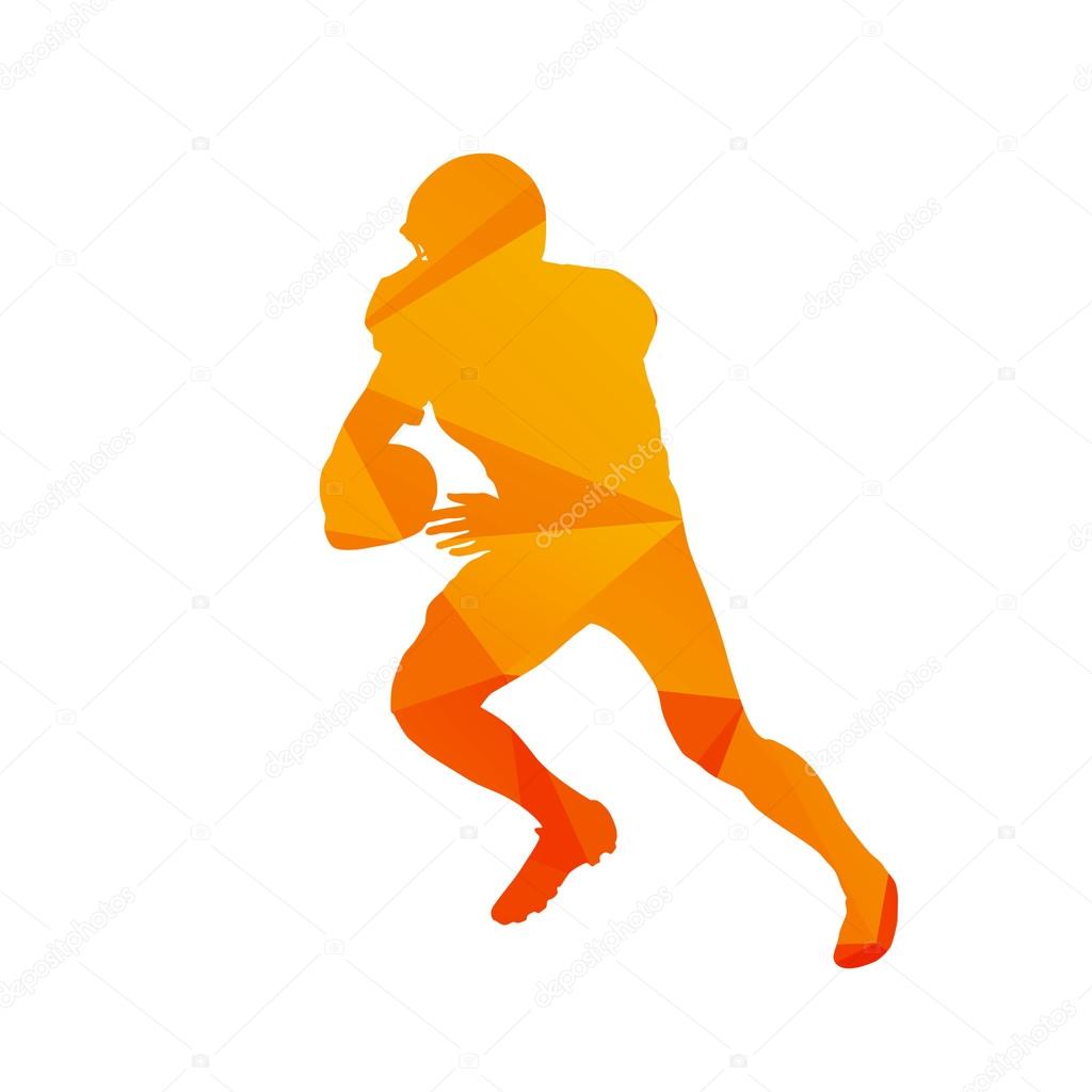 Polygonal american football player silhouette, abstract isolated vector runner