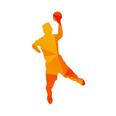 Poligonal hentbol oyuncu, soyut turuncu vektör silho izole.