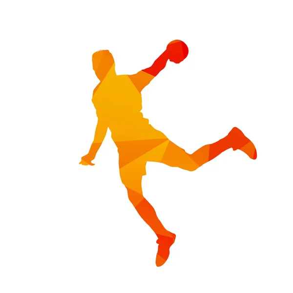 Polygonal handball player, abstract orange isolated vector silho — Stock Vector
