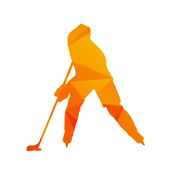 Joueur de hockey sur glace polygonal, sil vectoriel isolé orange abstrait — Image vectorielle