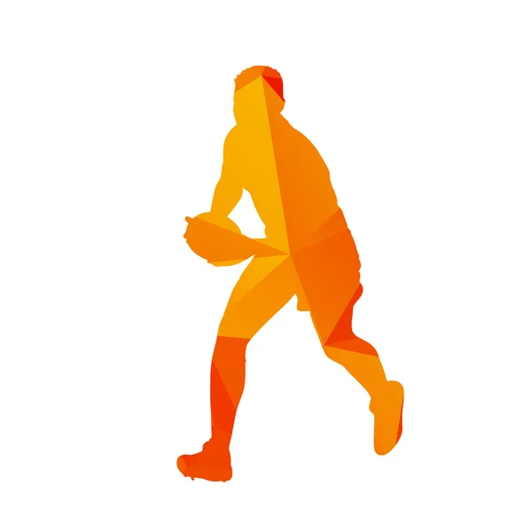 Joueur de rugby polygonal orange abstrait, silhouette vectorielle — Image vectorielle