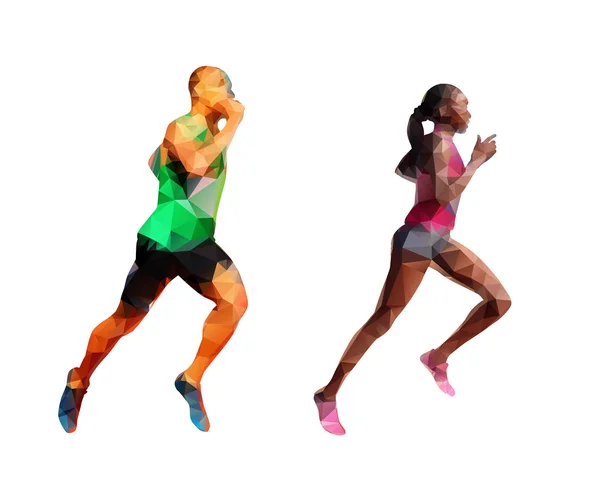 Courir homme et femme, silhouettes polygonales abstraites polygonales . — Image vectorielle