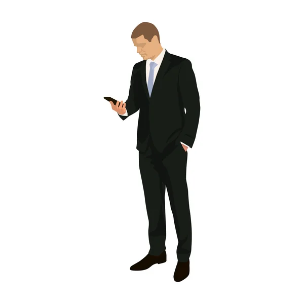 Бізнесмен стоїть і тримає мобільний телефон в руці. Постійний чоловік — стоковий вектор