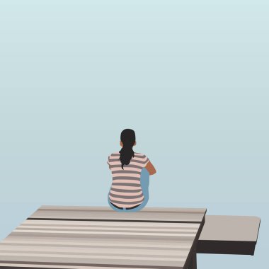 Gölde, vektör çizim ahşap iskele üzerinde oturan kadın