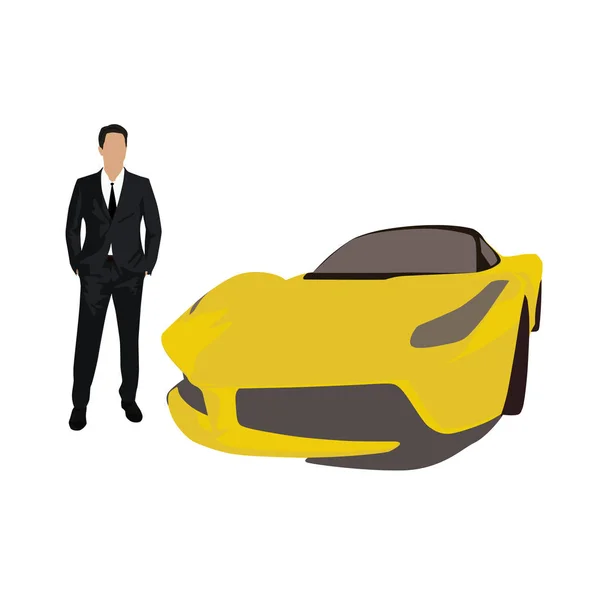 Homem de terno com super carro amarelo, ilustração vetorial . —  Vetores de Stock