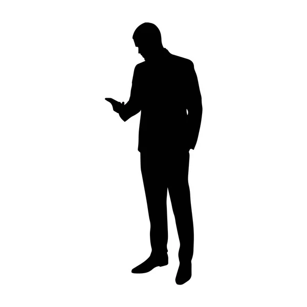 Obchodní muž s mobilním telefonem v ruce, vektorové siluetu. Sta — Stockový vektor