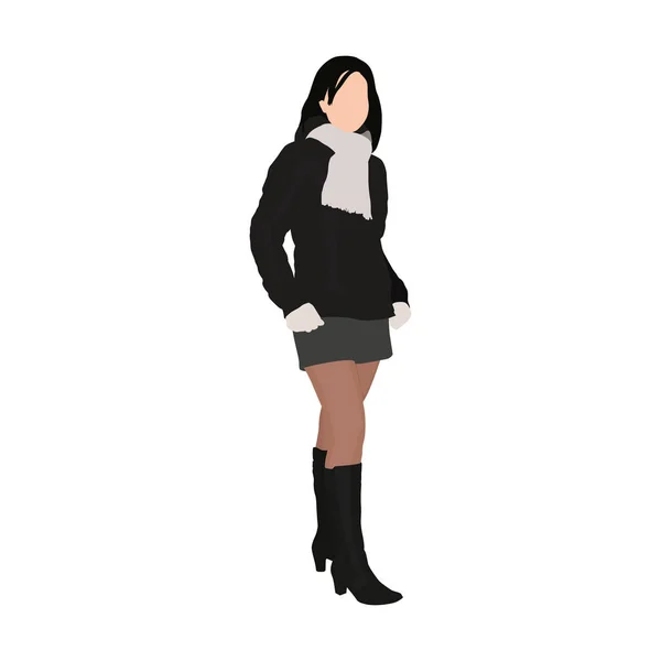 Young woman stands dressed in dark winter jacket, short skirt an — Stock Vector