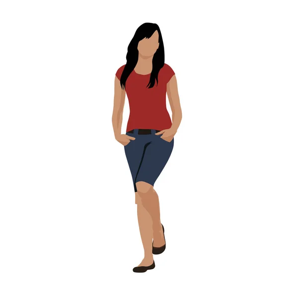 Joven chica sexy en camisa roja y pantalones cortos azules de pie. Manos adentro. — Vector de stock