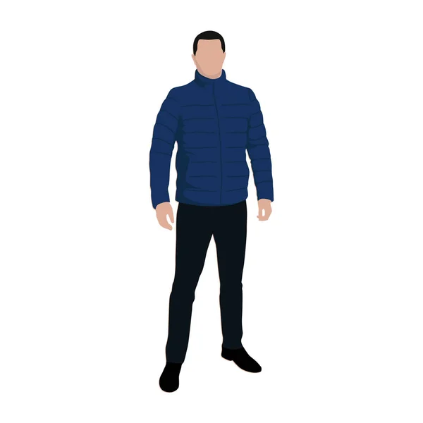 Στέκεται ο άνθρωπος σε μπλε φτερό σακάκι, επίπεδη διανυσματικά εικονογράφηση — Διανυσματικό Αρχείο