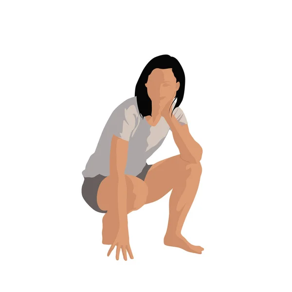 Mujer joven sentada en cuclillas, apoya la mejilla en su mano y posando. A — Archivo Imágenes Vectoriales