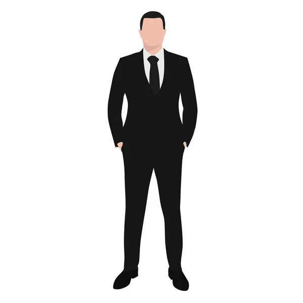 Hombre de negocios en traje oscuro y corbata negra de pie con las manos en p — Vector de stock